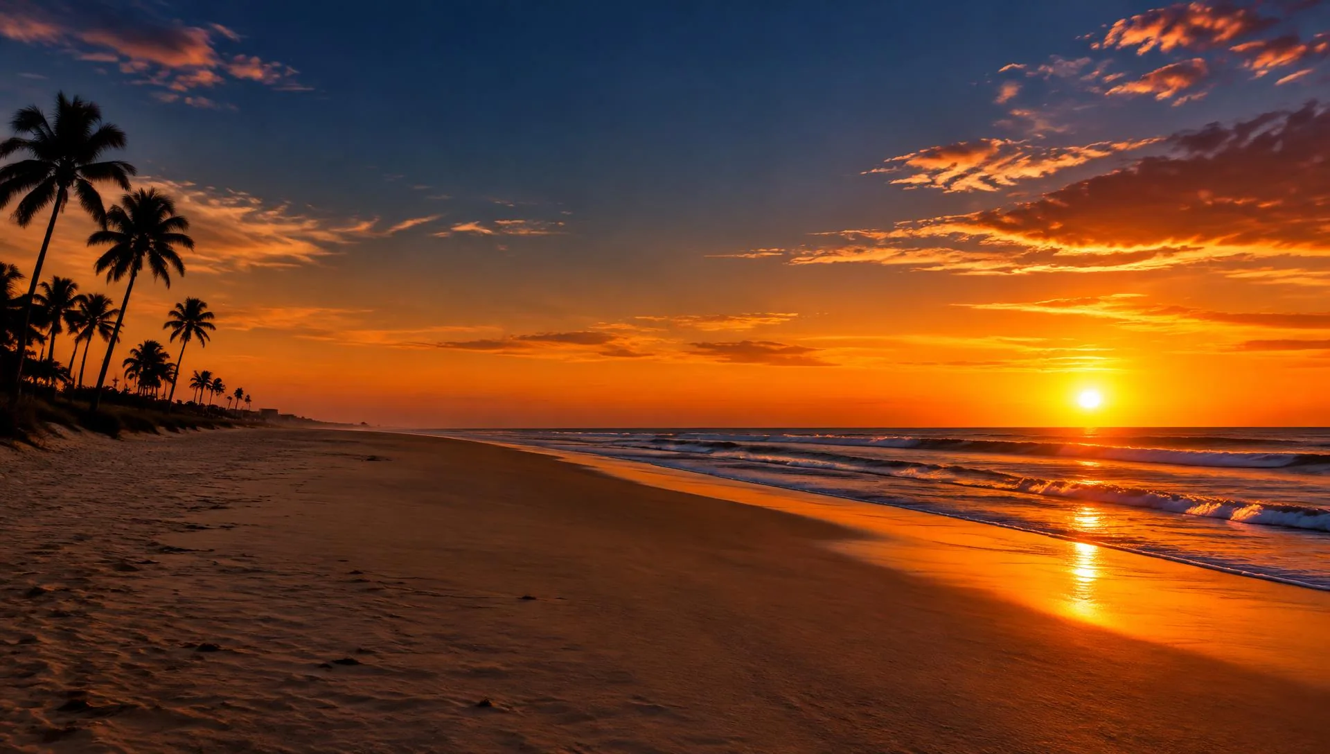 Sunset over Ormond Beach with palm trees